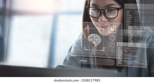 AI Artificial Intelligence. Business woman using AI technology for data analysis, coding computer language with digital brain, machine learning, prompt engineering, business intelligence