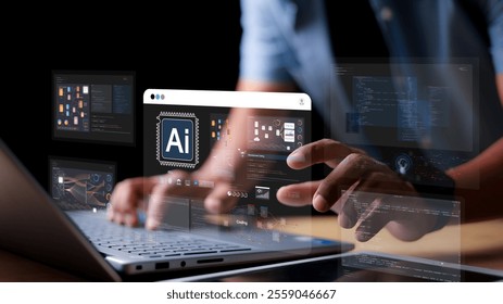 AI Artificial Intelligence. Businessman using AI technology for data analysis, coding computer language with digital brain, Programming Web Development Coding Concept.