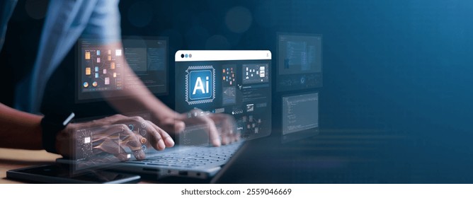 AI Artificial Intelligence. Businessman using AI technology for data analysis, coding computer language with digital brain, Programming Web Development Coding Concept. - Powered by Shutterstock - Get 15% off with code: PIKWIZARD15