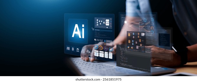 AI Artificial Intelligence. Businessman using AI technology for data analysis, coding computer language with digital brain, Programming Web Development Coding Concept.