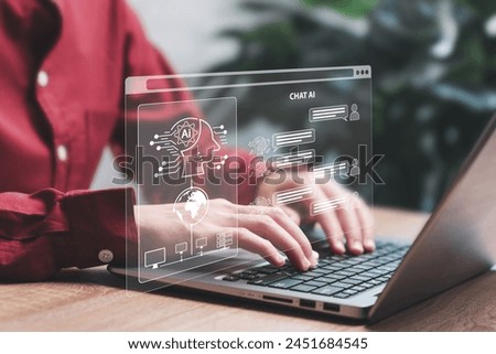 AI, Artificial Intelligence, Chatbot discussion asking questions, Women using laptop enter command prompts to generate something, Technology smart robots, conversation assistants to develop business