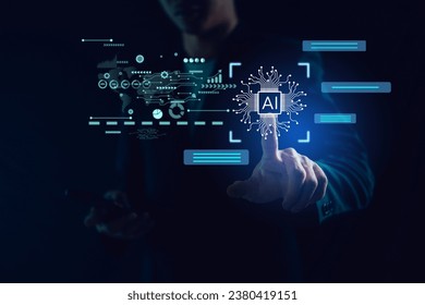 AI (Artificial intelligence), Chatbot growing concept. Businessman hand use smartphone with analytics information trends  technology. Business link digital marketing. Big data and Financial banking - Powered by Shutterstock