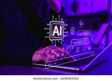 AI - Artificial Intelligence and Chatbot Technology Concept. A person typing on laptop with AI and chatbot interface icons, symbolizing automation, chat AI, and virtual smart assistant communication.