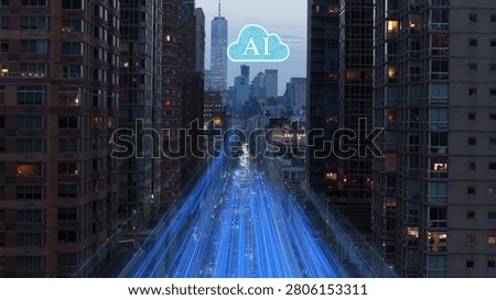 AI Artificial Intelligence Cloud Processing Urban Traffic Through Smart City Network. Digital Graphic overlay over New York City