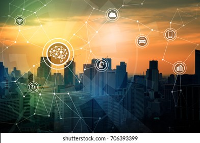 AI (artificial intelligence) and communication network concept. Internet of Things. abstract mixed media.