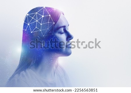 AI (Artificial Intelligence) concept. Abstract silhouette of a young woman on a white background copy space
