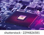 AI artificial intelligence concept, Close up of microprocessor on mainboard electronic computer background, Futuristic innovative technologies.