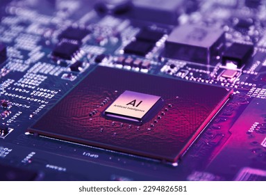 AI artificial intelligence concept, Close up of microprocessor on mainboard electronic computer background, Futuristic innovative technologies.