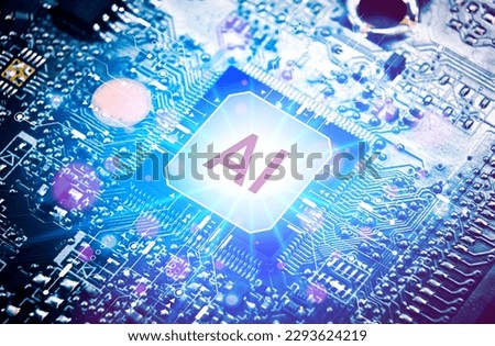 AI artificial intelligence concept, Close up of microprocessor with AI interface glowing on mainboard electronic computer background, Futuristic innovative technologies.