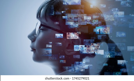 AI (Artificial Intelligence) concept. Contents concept. Social networking service. Streaming video. communication network.