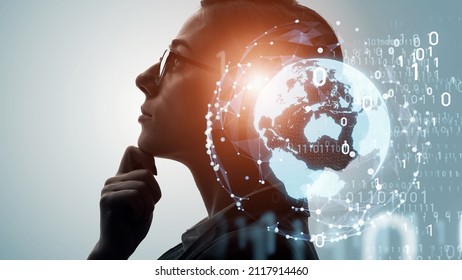 AI (Artificial Intelligence) concept. Deep learning. Mindfulness. Globan communication network. Digital transformation.