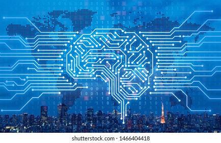 AI (Artificial Intelligence) concept. Electronic circuit. Communication network.
