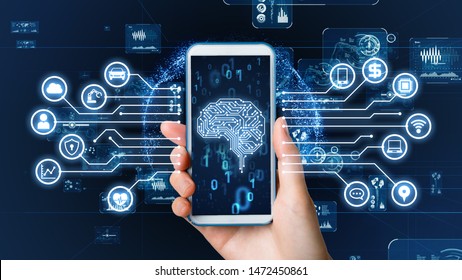 AI (Artificial Intelligence) concept. Electronic circuit. Communication network.