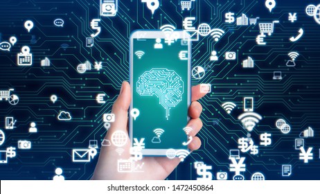 AI (Artificial Intelligence) concept. Electronic circuit. Communication network.