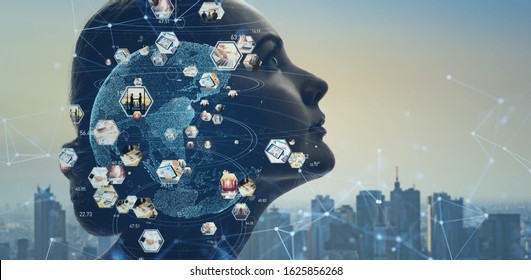 AI (Artificial Intelligence) concept.  Global communication network. Worldwide business.