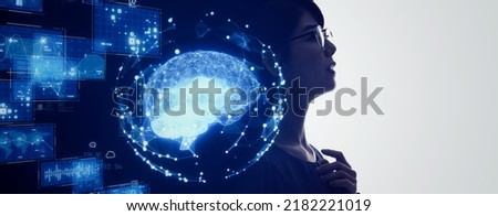 AI (Artificial Intelligence) concept. Human and technology. Digital transformation. Wide image for banners, advertisements.