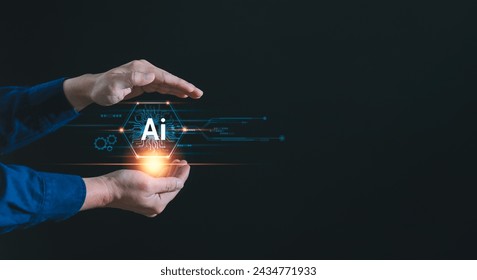AI Artificial Intelligence concept. Man using AI technology to generates something and analyze big data, Futuristic technology transformation background with copyspace