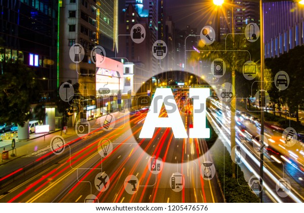 AI or Artificial
Intelligence concept. With modern city and car light trails scene
at night on the background