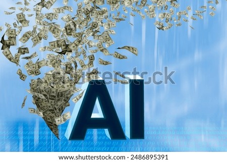 AI, artificial intelligence concept. Typhoon of hundreds dollars banknotes. Money wallpaper background with US dollar bills tornado, whirlwind of dollars hurricane. Flying, levitating american cash