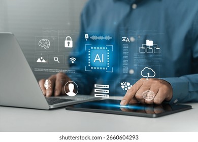 AI, Artificial Intelligence concept. user identity, and language processing, intelligent systems enhancing digital operations, data security, automation and learning innovation.