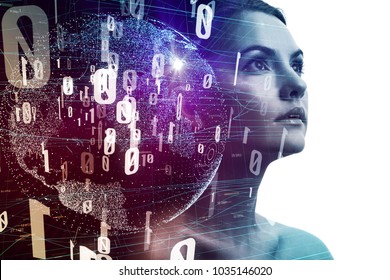 AI (Artificial Intelligence) concept. Young woman silhouette and digital network. 