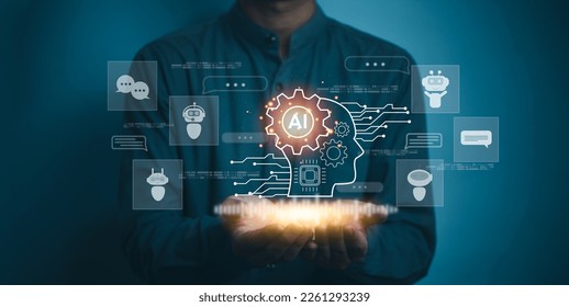 AI Artificial Intelligence and conversational chatbots businesses digital technology interact with applications, including customer service, sales and marketing and big data virtual screen.