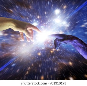 AI Artificial Intelligence Cyborg Hand Of God Reaches To Human Fingers To Create A Singular Intelligent Understanding Between Humanity Science Robot And Machine 