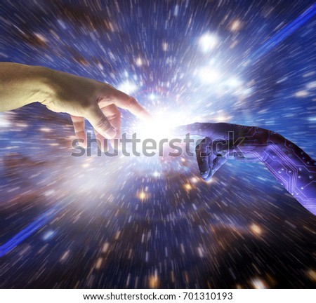 AI Artificial Intelligence cyborg hand of god reaches to human fingers to create a singular intelligent understanding between humanity science robot and machine 