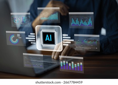 AI Artificial intelligence for data analytics. Artificial intelligence processes customer behavior patterns to predict marketing trends and optimize business decisions.