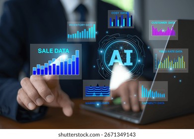 AI Artificial intelligence for data analytics. Artificial intelligence processes customer behavior patterns to predict marketing trends and optimize business decisions.