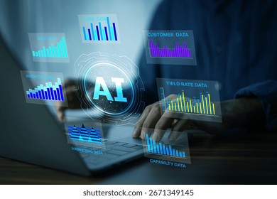 AI Artificial intelligence for data analytics. Artificial intelligence processes customer behavior patterns to predict marketing trends and optimize business decisions.