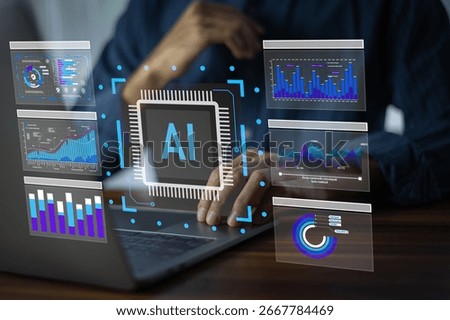 AI Artificial intelligence for data analytics. A professional monitors AI-driven analytics dashboards to evaluate web traffic and customer engagement in real time.
