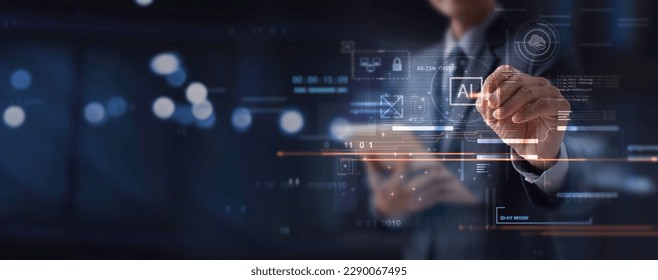 AI Artificial Intelligence, Data Science, Information technology concept. Businessman touching on AI machine learning on virtual screen with big data, computer code, digital technology background