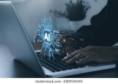 AI Artificial intelligence, data science, information technology concept Businessman using Chatgpt Chat with AI to get business information and business trends.