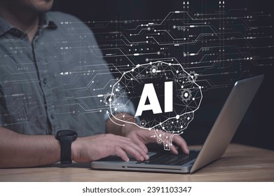 AI Artificial Intelligence, Data Science, Information technology concept. Businessman touching on AI machine learning on virtual screen with big data, computer code
