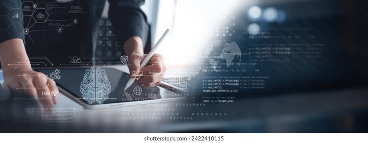 AI Artificial Intelligence, data science and management. Businessman using digital tablet, computer code and internet global network, machine learning, business intelligence, software development