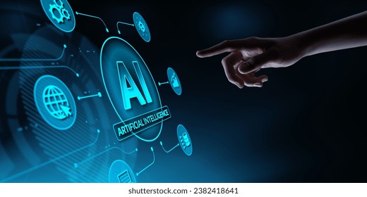 AI - Artificial Intelligence. Deep Machine learning Concept. The hand touches the virtual screen. Business Internet Technology