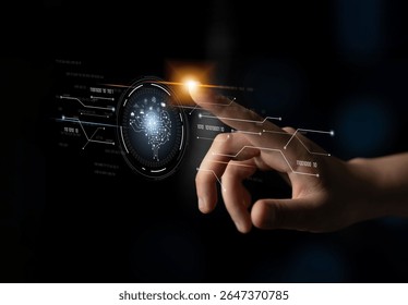 AI artificial intelligence with digital brain and connected data circuit. AI core processes data, AI core drives intelligence, enables connection, and AI core powers smart digital systems. Latch