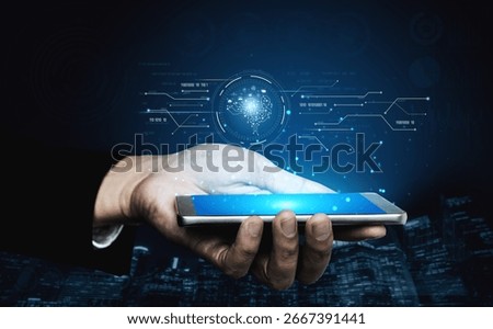 AI artificial intelligence with digital brain and connected data circuit. AI core processes data, AI core drives intelligence, enables connection, and AI core powers smart digital systems. Vouch