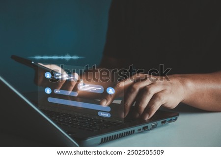 AI Artificial Intelligence, Digital chatbot, Man chatting with digital assistant chatbot on mobile phone on internet application, Future of customer service utilizes AI chatbot for instant assistance.