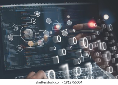 AI, Artificial Intelligence, digital software technology, mobile app development, Internet of Things IoT concept. Programmer, software engineer coding on laptop computer with technology icons
