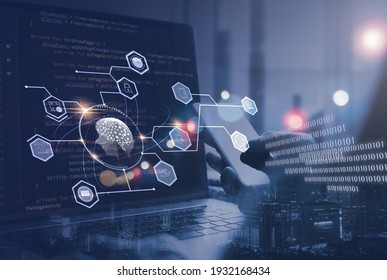 AI, Artificial Intelligence, digital software technology, mobile app development, Internet of Things IoT. Programmer, software engineer coding on laptop computer with technology icons and binary code
