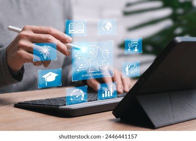 AI Artificial Intelligence, Education technology concept, Women use Laplets, Learn online webinars successfully, Use AI to Generate Business Development, New ideas for success, technology of future