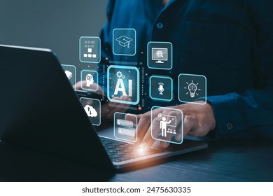 AI Artificial Intelligence and Education technology concept. A man use laptops, Learn lessons and online webinars successfully in modern digital learning, Courses to develop new skills. E-learning.