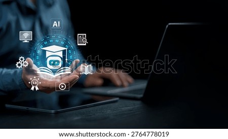 AI Artificial Intelligence and Education technology concept. A man use laptops, Learn lessons and online webinars successfully in modern digital learning, Courses to develop new skills. E-learning.