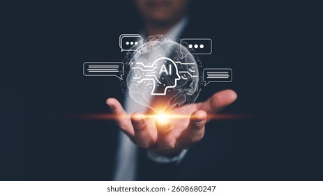 AI Artificial Intelligence Engineering Concept with Big Data Connection. Businessman chat with AI Brain Processor. Deep Learning of AI Technology is Innovation for future Business Creation.