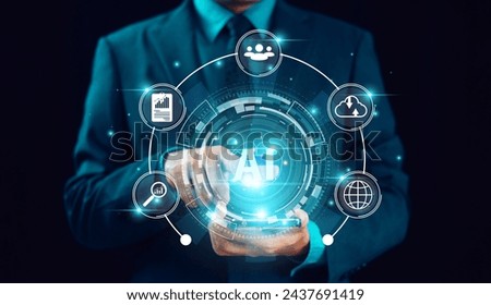 AI, artificial intelligence generate software computer website.  Businessman use expert technology AI help business. Chat bot, Chat AI analysis CRM code. Big data tech tool analytics background  