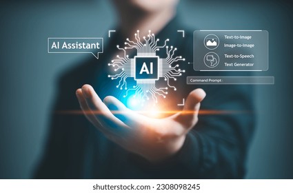 AI, Artificial Intelligence, AI generated content Concept. Artist Man using AI Art Assistant to generate image. Text to image command prompt generates, technology Business, futuristic transformation. - Shutterstock ID 2308098245