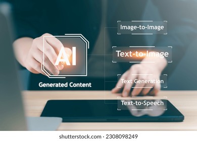 AI, Artificial Intelligence, AI generated content Concept. Artist Man using AI Art to generate image content. Text to image command prompt generates, technology Business, futuristic transformation. - Shutterstock ID 2308098249