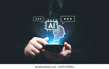 AI, Artificial Intelligence, AI generated content Concept. business Artist Man using AI Art Assistant to generate for business. Content command prompt generates, technology futuristic transformation.
